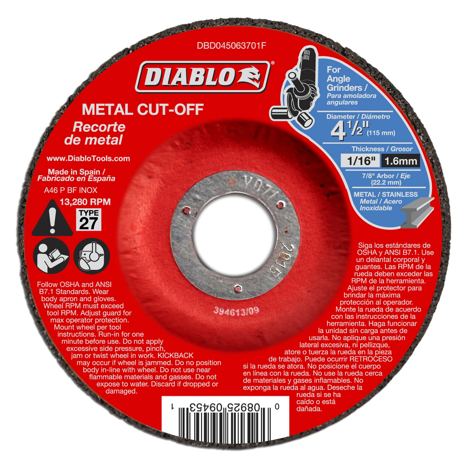 Metal Cut-Off Discs, Type 27, 4-1/2 x 1/16 x 7/8-In.