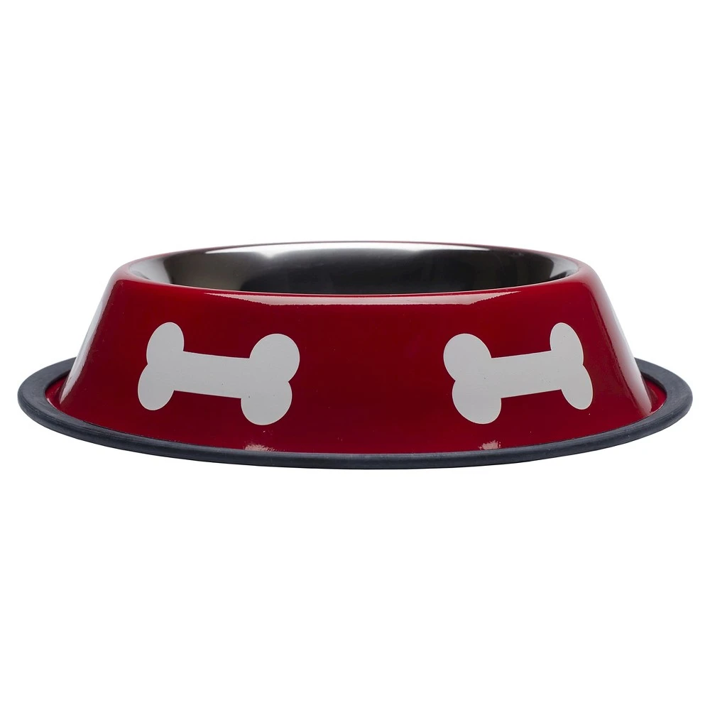 Pet Bowl, Red/White Stainless Steel, 32-oz.