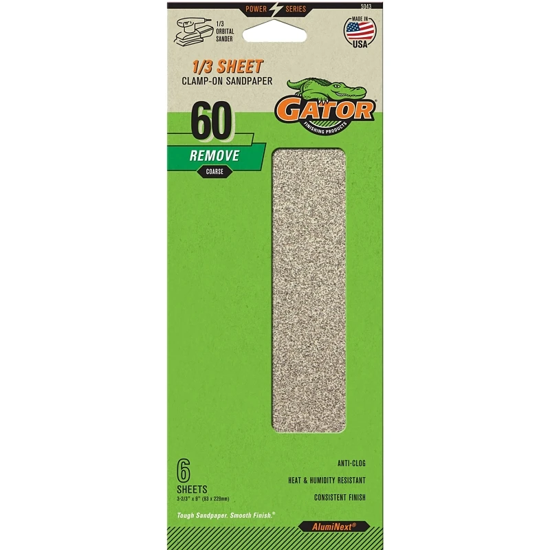 5043 Sanding Sheets, 3-2/3 X 9 In., 60 Grit, Aluminum Oxide, 6 Pk