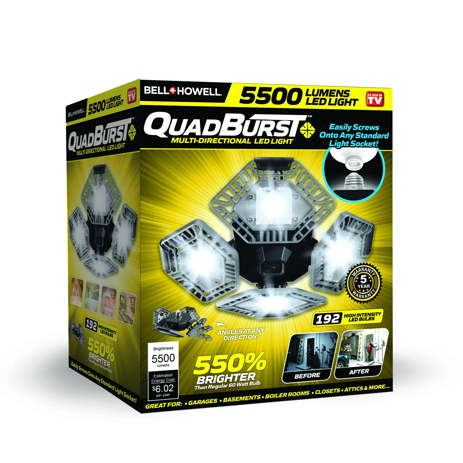 QuadBurst Multi-Directional LED Garage Light, 5500 Lumens