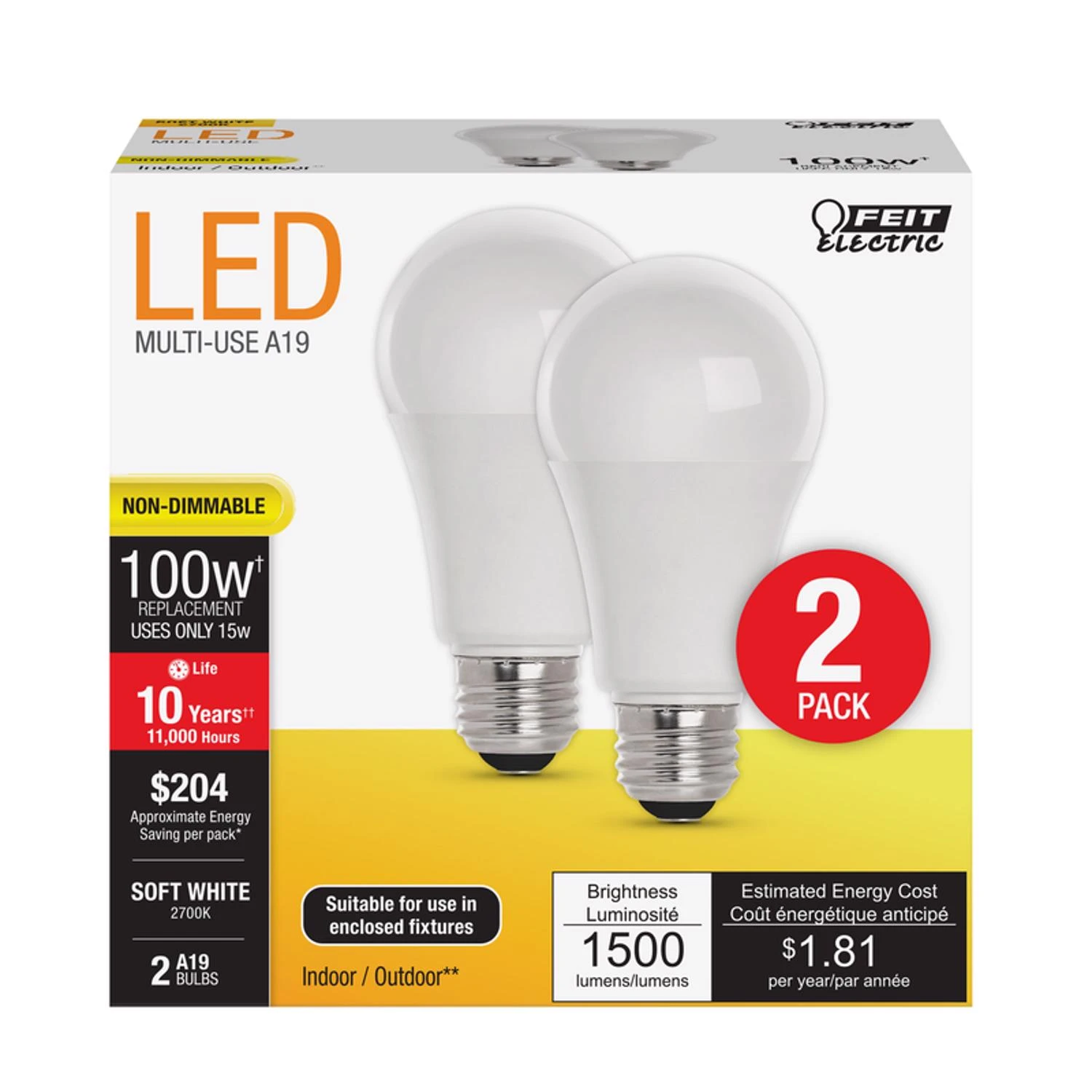 Feit A19 E26 (Medium) LED Bulb Soft White 100 Watt Equivalence 2 pk