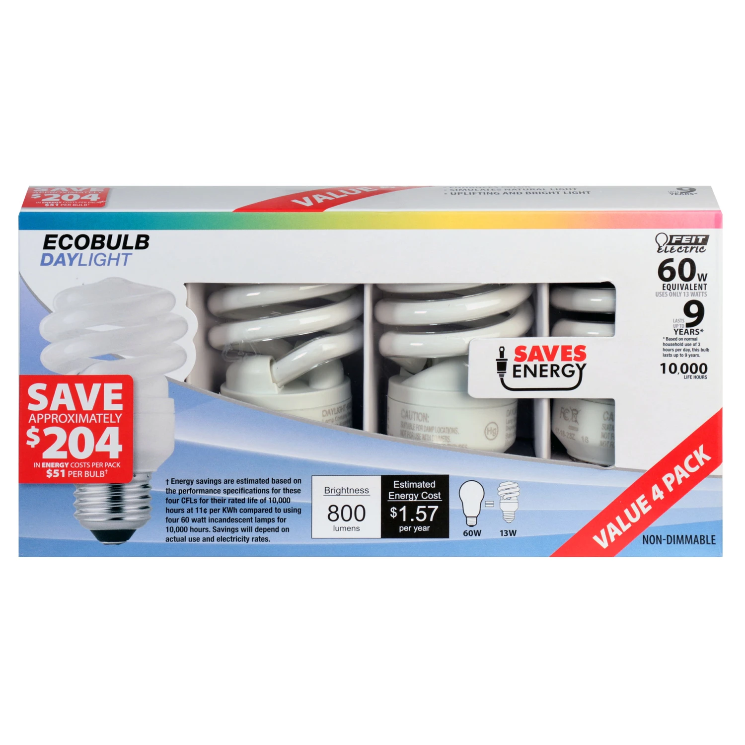 Esl13t/d/4 13w Daylight Spiral Cfl Bulb, 800 Lumens, 4 Pk, E26 Base