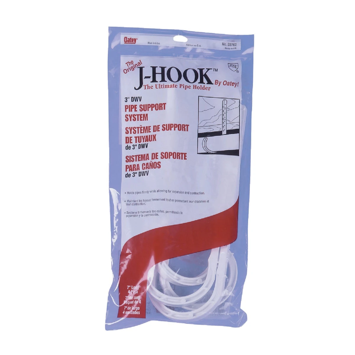 DWV J-Hook Pipe Hanger Holder, 3 x 7 In., 4-Pk.