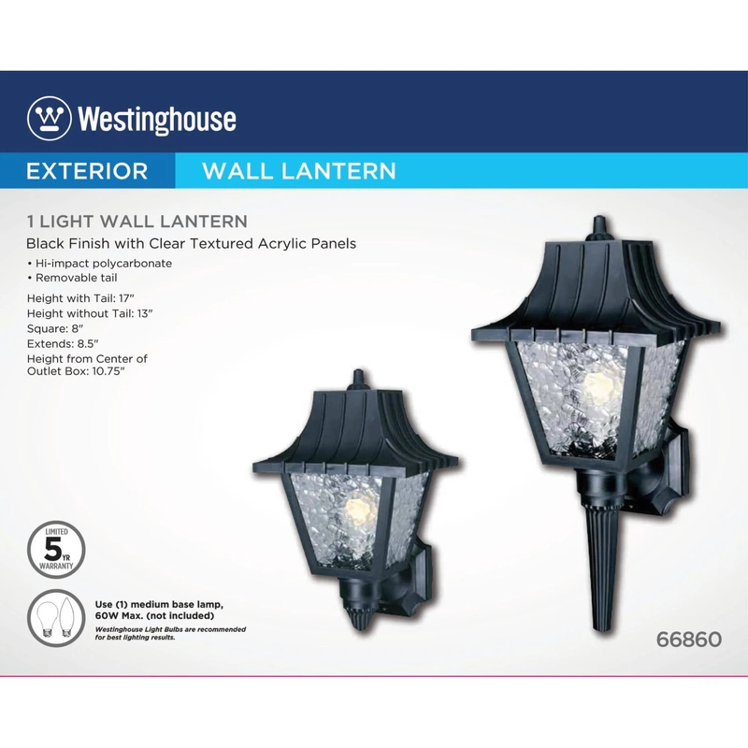 Matte Black Incandescent Wall Lantern 66860 - 17.5" Height, 60w Max