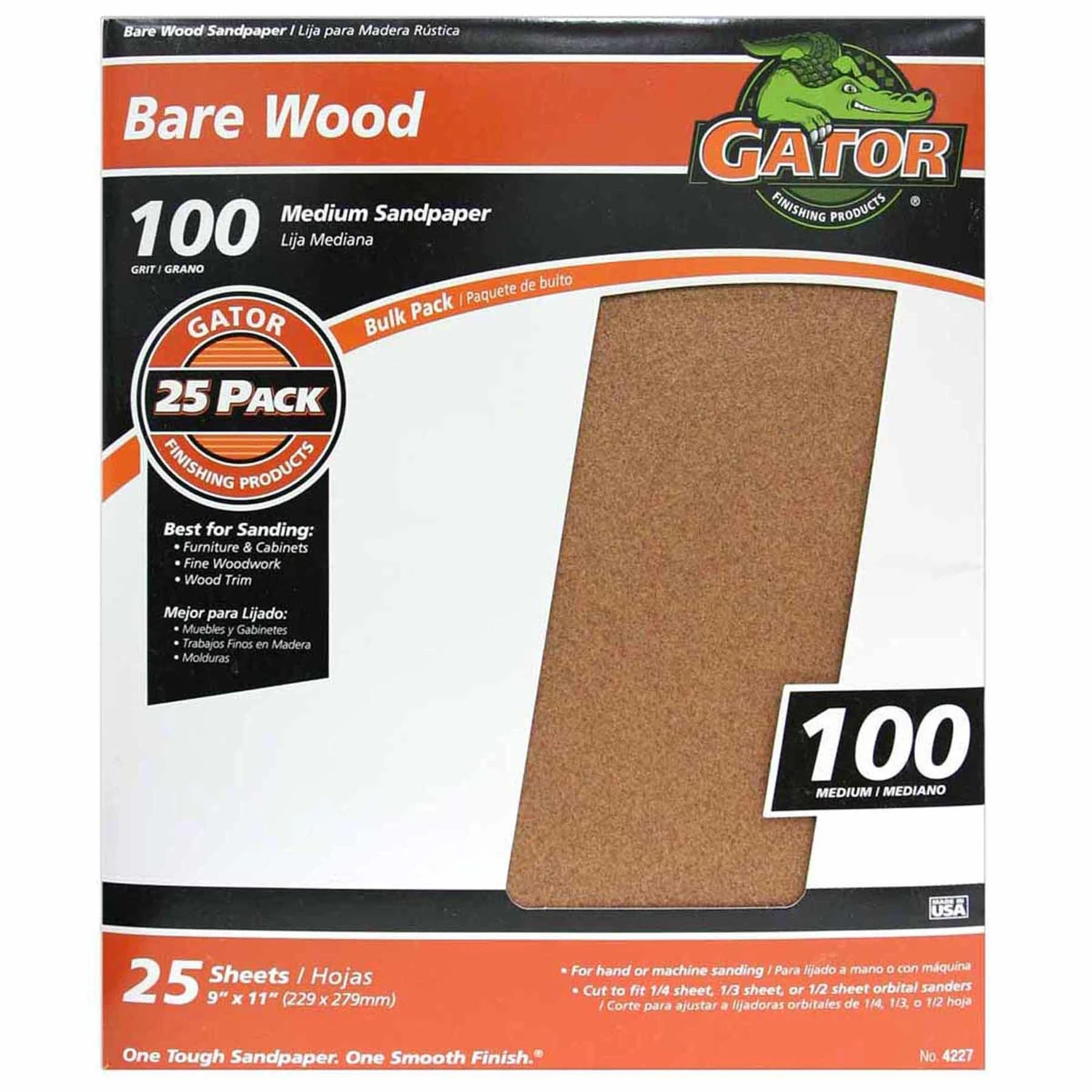 Gator Blade Bare Wood 9 In. x 11 In. 100 Grit Medium Sandpaper (25-Pack)
