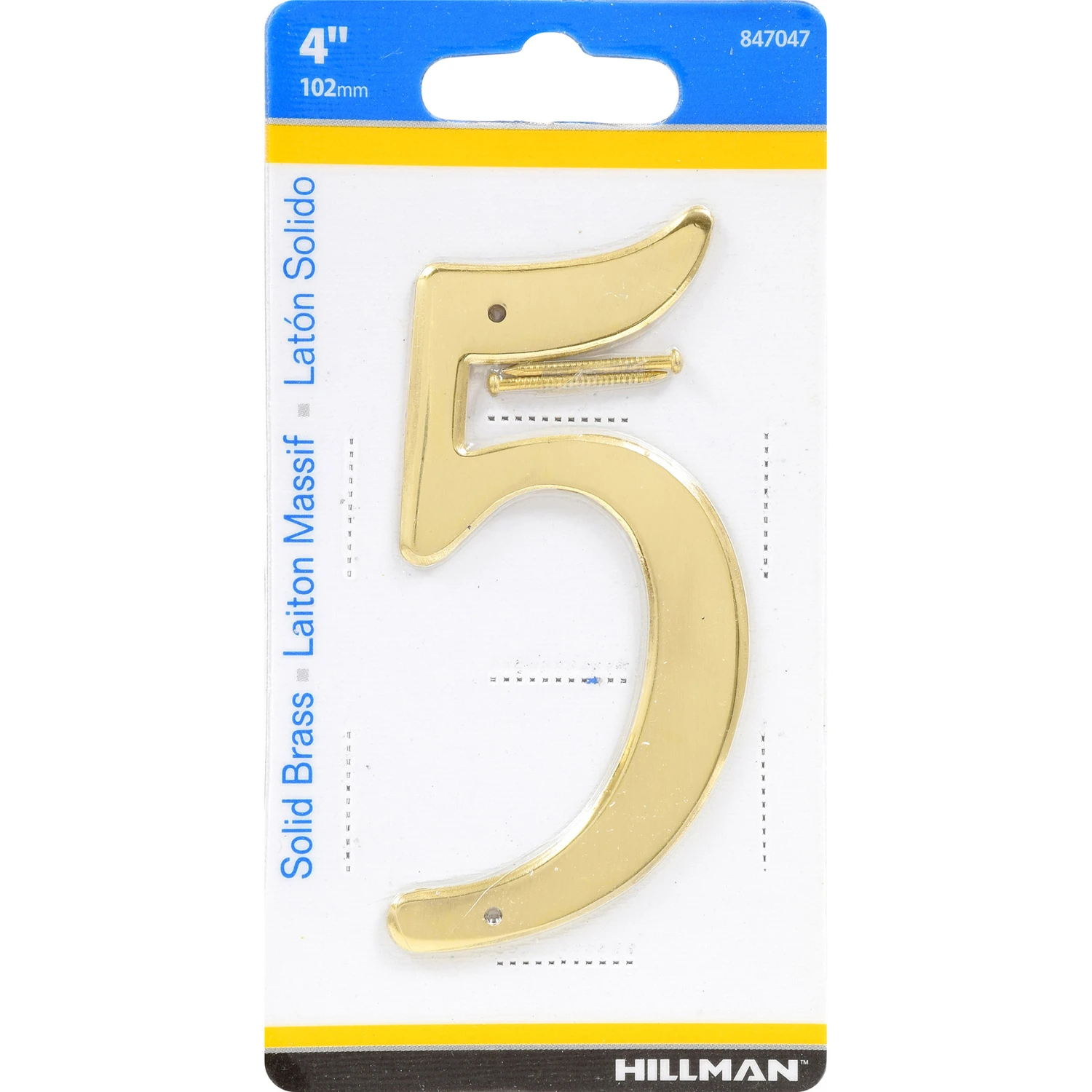 House Address Number 5, Nail-On, Brass, 4-In.