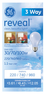 Ge Reveal A21 3-way Light Bulb 30/70/100 Watts 220/740/960 Lumens E26 1 Pk