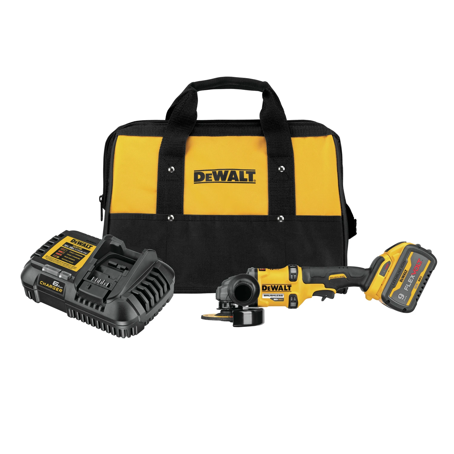 60-Volt Maximum Cordless Grinder Kit, 9,000 Revolutions Per Minute, 4.5 to 6 Inch Wheels, Includes Battery, Charger, and Carrying Bag
