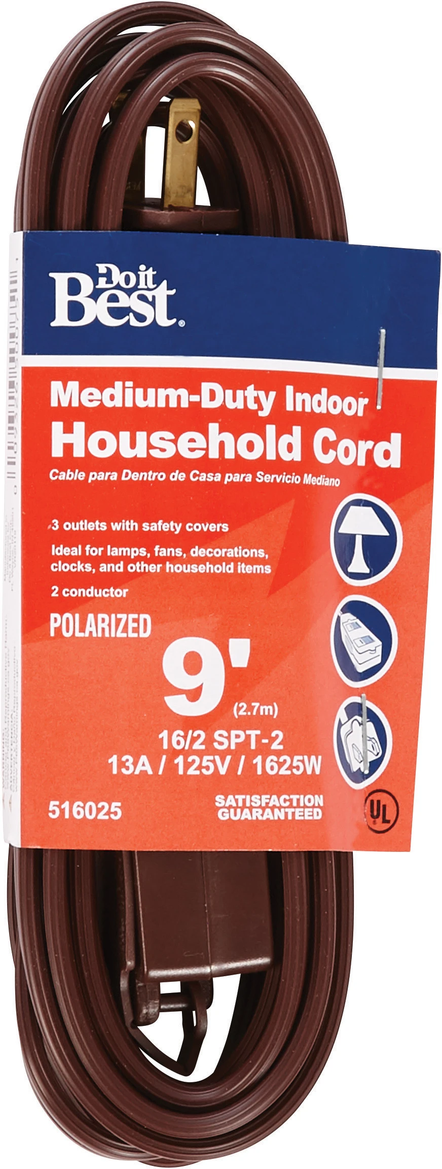 09402 16/2 Spt-2 3-outlet Cube Tap Extension Cord, Brown, 9 Feet