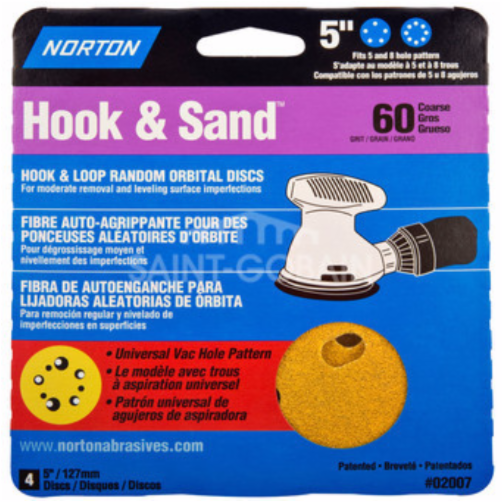 Hook and Sand Paper Disc with 5 and 8 Universal Vac Hole, 5" Diameter, Grit 60 Coarse (Pack of 4)