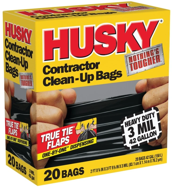 Hk42wc020b Contractor Clean-up Bags, 42 Gal Capacity, 20 Count, Tie Closure, Black