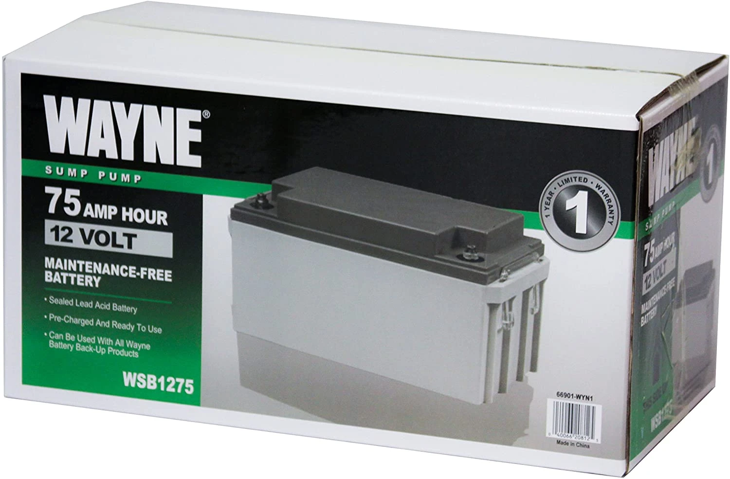 Wayne Sealed Lead-Acid 12-Volt 12 V 75 mAh Maintenance-Free Battery WSB1275 1 pk