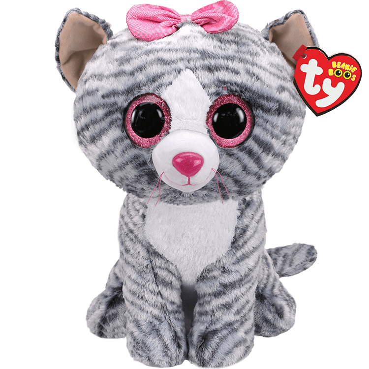 Beanie Boos Kiki The Cat Plush Toy - 6 Inch Grey Tabby With Pink Bow