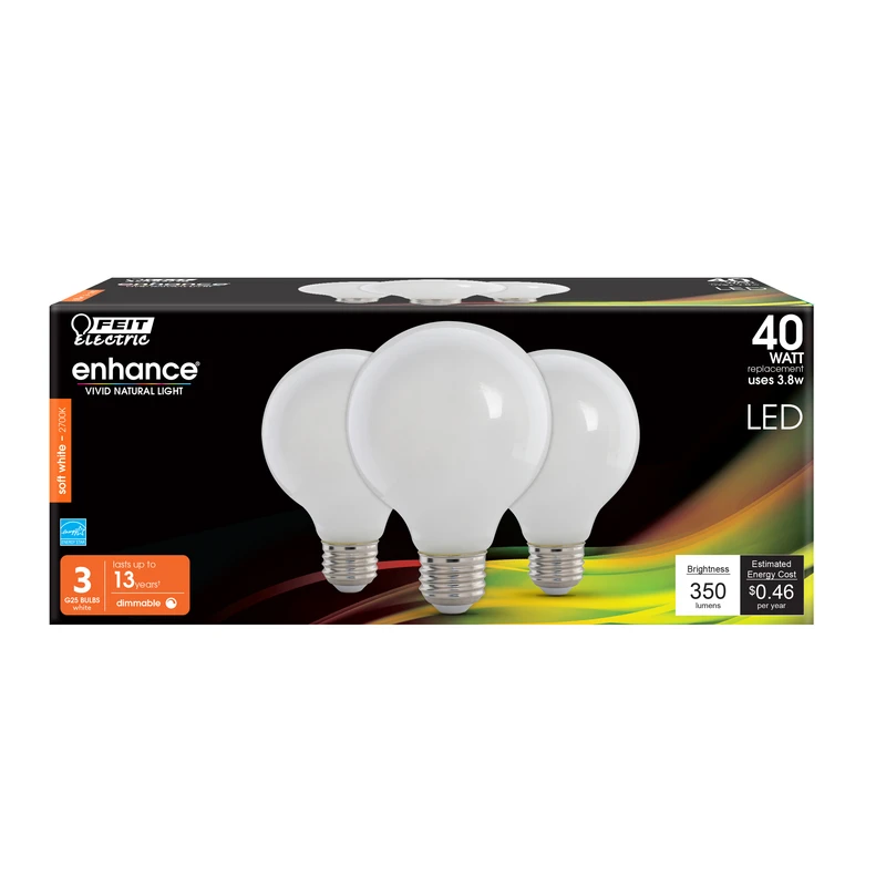 G25 E26 Filament Led Bulb, Soft White 40w Equivalent, 3 Pack, Dimmable