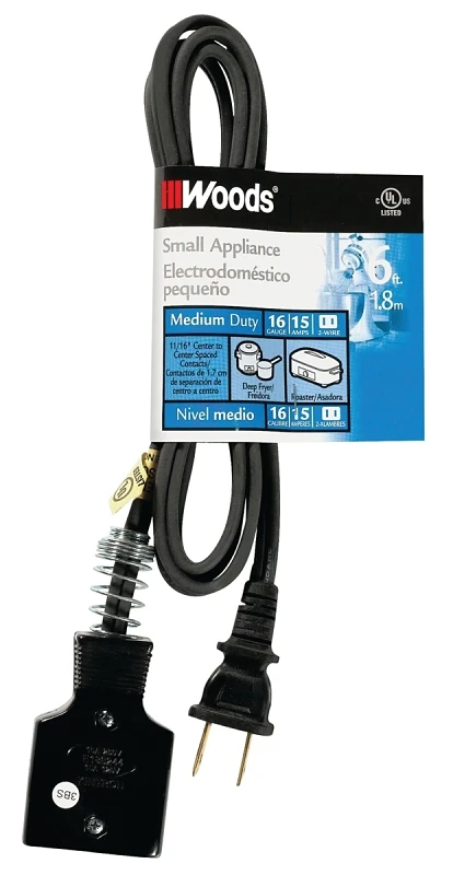 0290 6 Foot Black Appliance Extension Cord, 15 Amp, 125 Volt