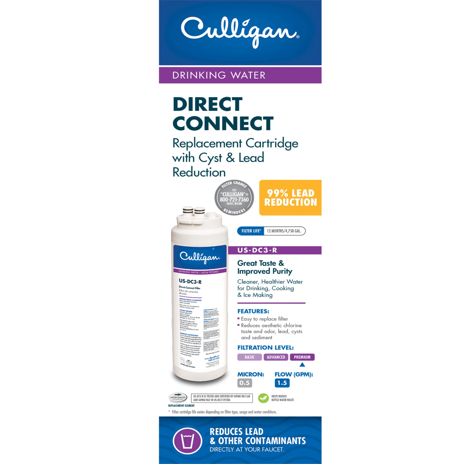 Direct Connect Replacement Drinking Water Filter Cartridge with Quick Twist-Lock Design