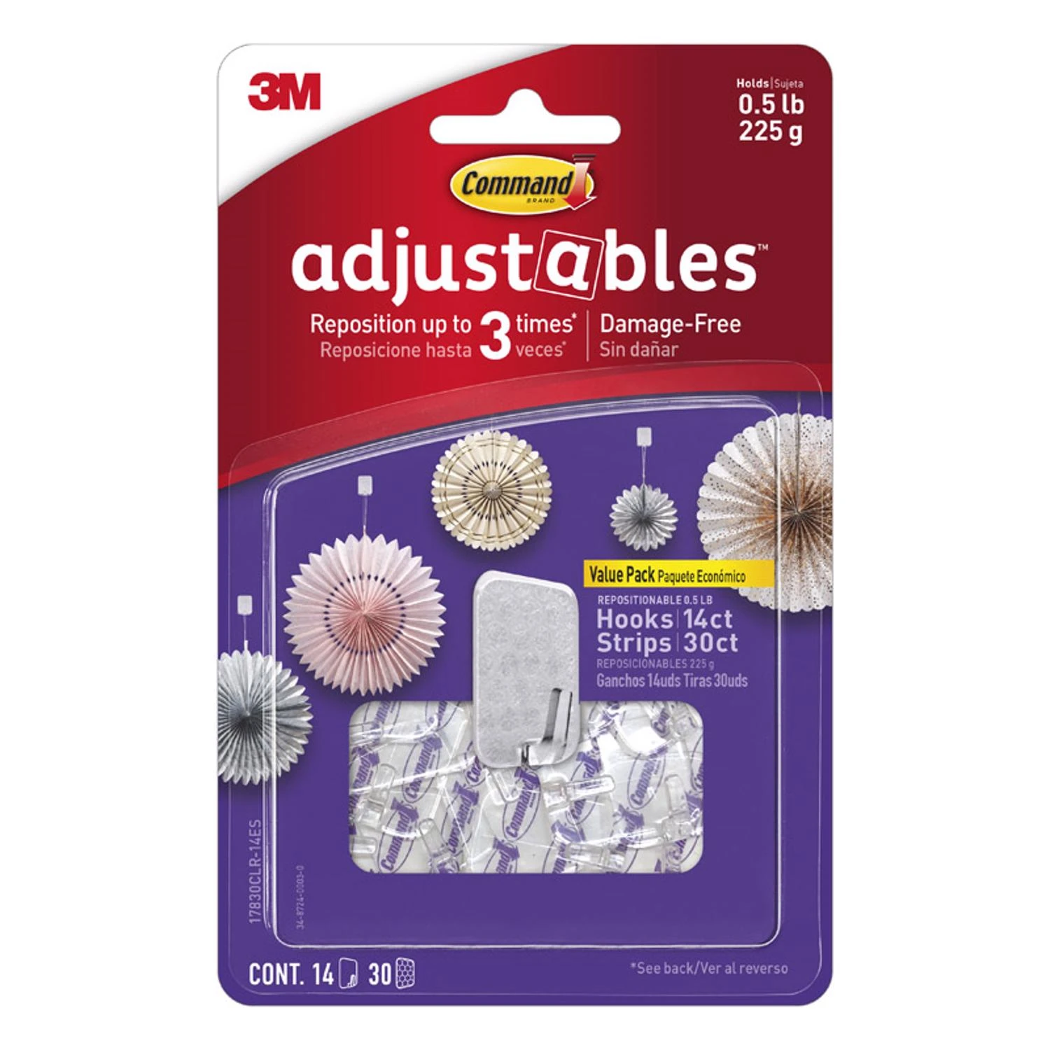 Adjustables Hooks & Strips, Clear, Repositionable, 14 Hooks, 30 Strips