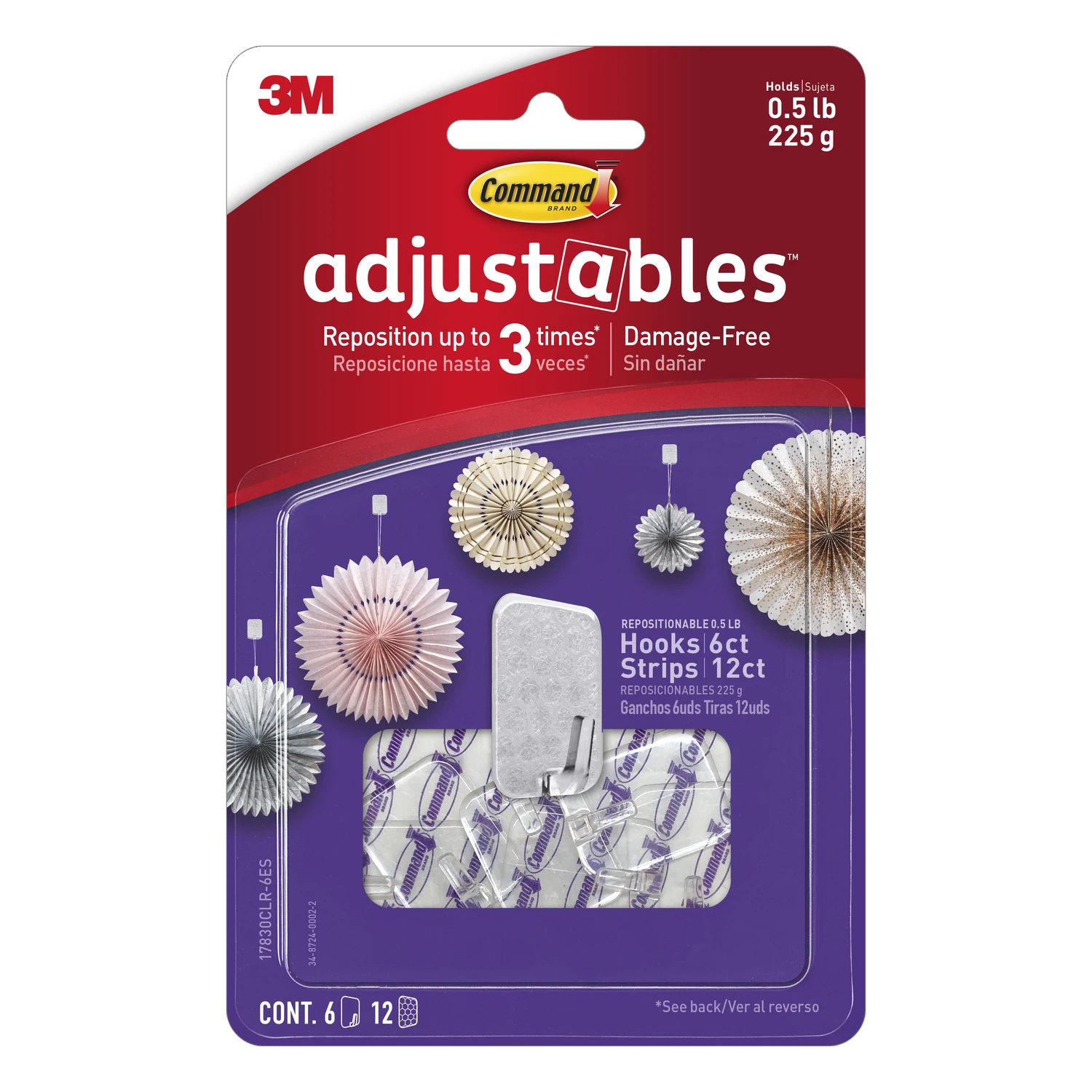 Adjustables Hooks & Strips, Clear, Repositionable, 6 Hooks, 12 Strips