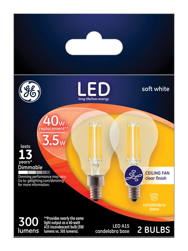 Ceiling Fan LED Light Bulbs, Candelabra Base, Soft White, Clear, Dimmable, 300 Lumens, 4 Watt, 2-Pk.