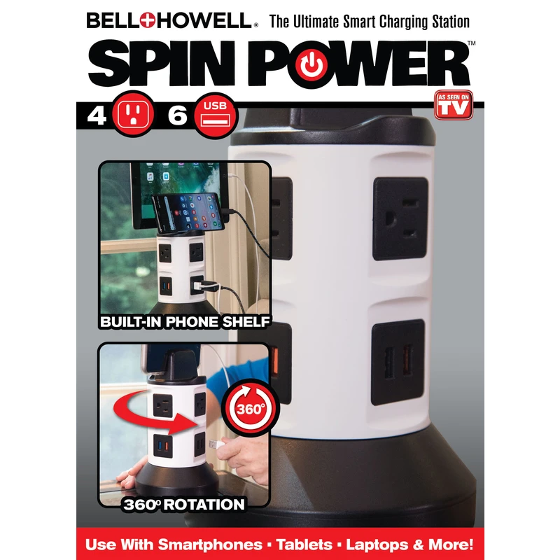 Spin Power Charging Station, Surge Protector, 6 outlets & 4 smart USB ports