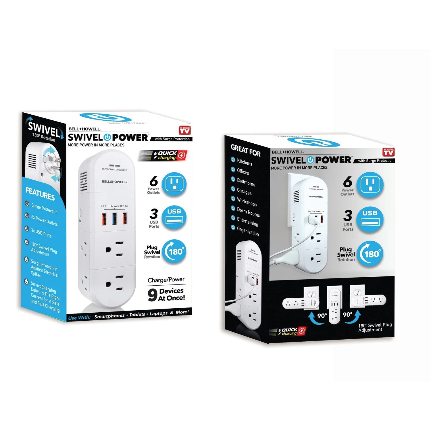 Swivel Power Outlet Multiplier With 6 Outlets And 3 Usb Ports, Model 7544