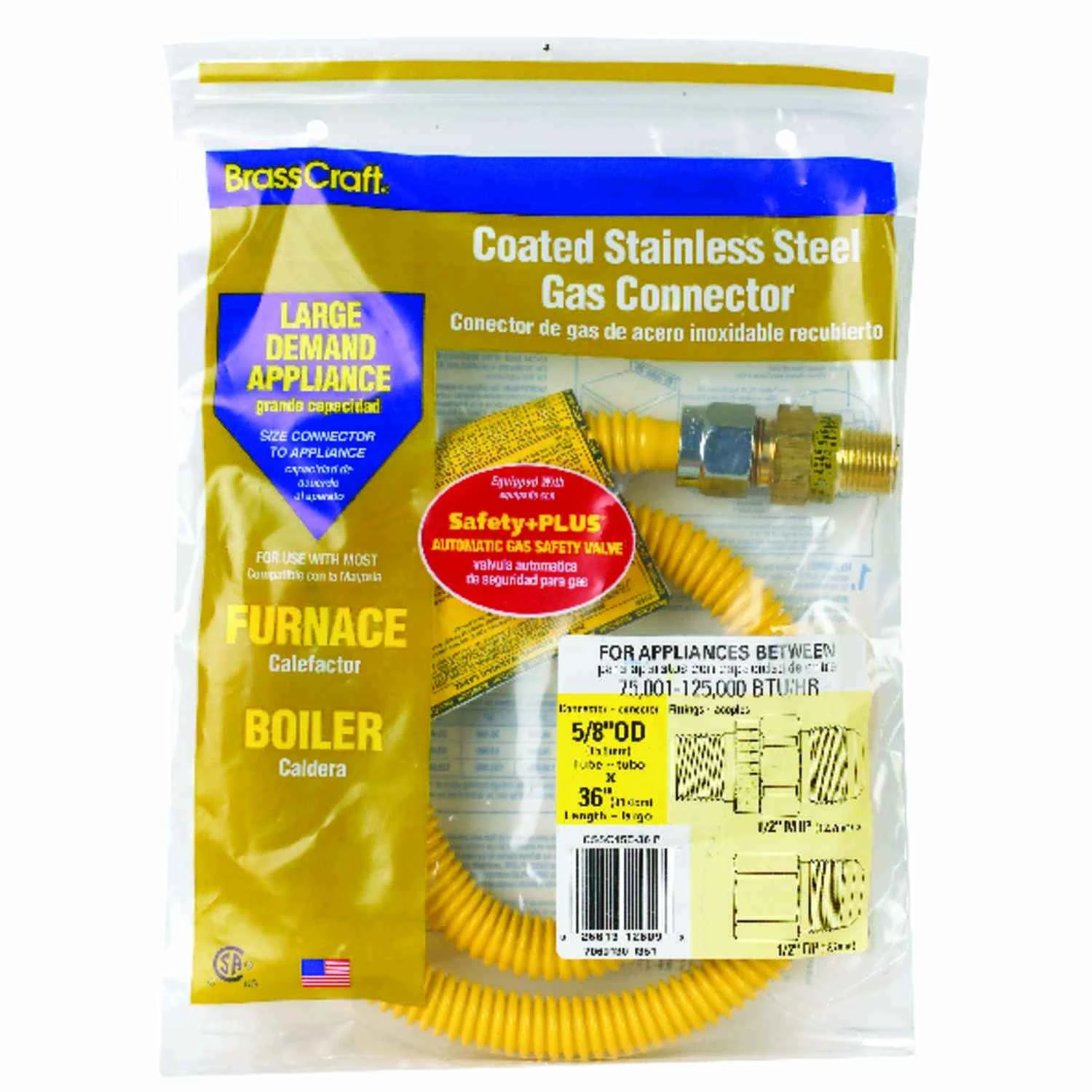 Gas Connector, Coated Stainless Steel, 36-In., 1/2-In. I.D., 5/8-In. O.D.