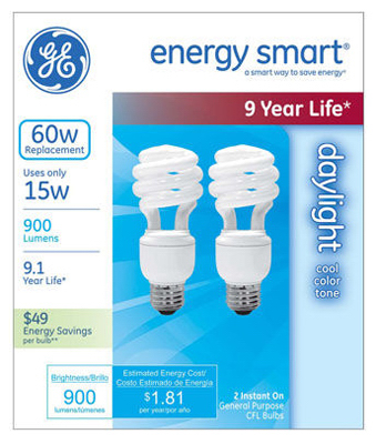 Ge Lighting 64005 15w Daylight Cfl Spiral Bulbs, 2-pk, Energy Smart, 900 Lumens