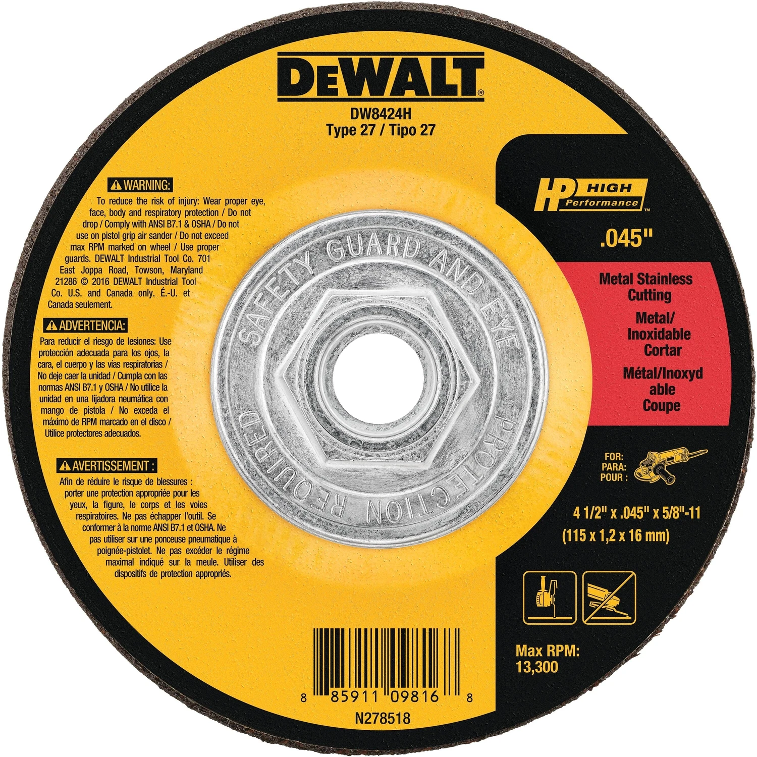 4-1/2 In. Aluminum Oxide Metal Cut-off Wheel Dw8424h For Angle Grinders