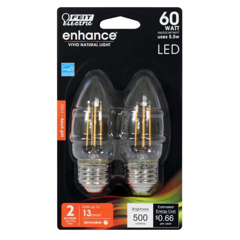 Bpetc60/927ca/fil/2 60w Equivalent B10 Dimmable Led Bulb 2 Pk, Soft White