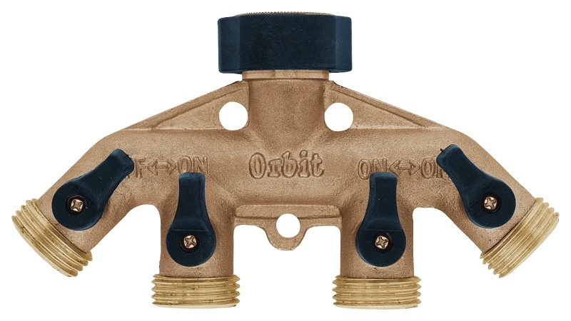 62010n Brass Hose Faucet Manifold, 3/4 In Swivel X Mht, 4-port With Shut-off Valves