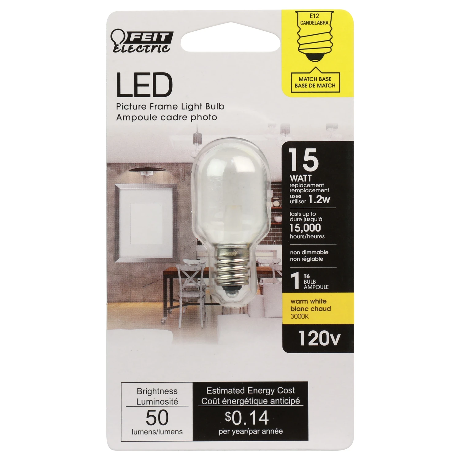 15W Equivalent Warm White (3000K) T6 Candelabra LED Picture Frame/Indicator Light Bulb