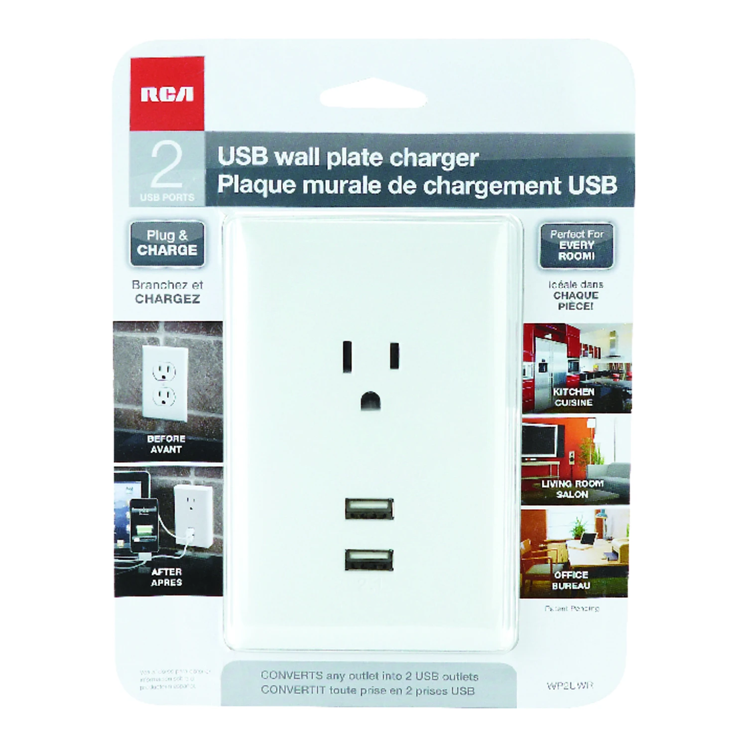 Wp2uwz Wall Plate With 2 Usb Ports & Standard Outlet, 2.1a Charging, White