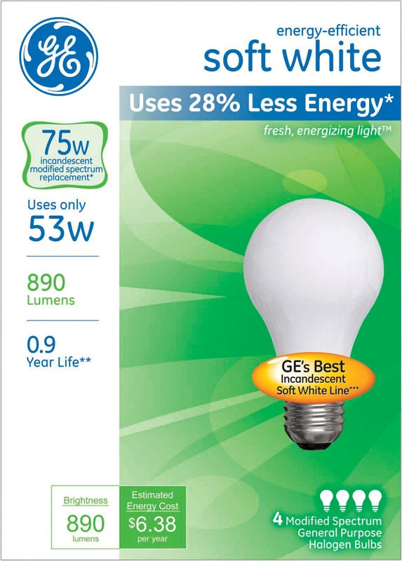 A-Line Halogen Light Bulb, Soft White, 53-Watts, 4-Pk.
