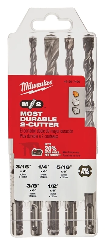 Milwaukee M/2 Carbide Tipped Hammer Bit Set SDS-Plus Shank 5 pc
