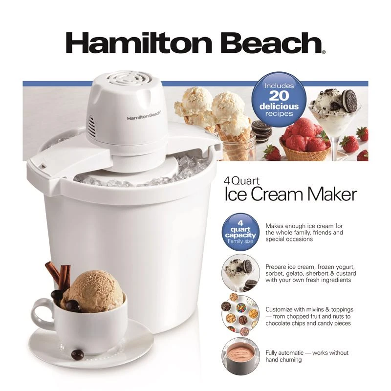 68330n 4 Quart Automatic Ice Cream Maker, White, 80 Watts