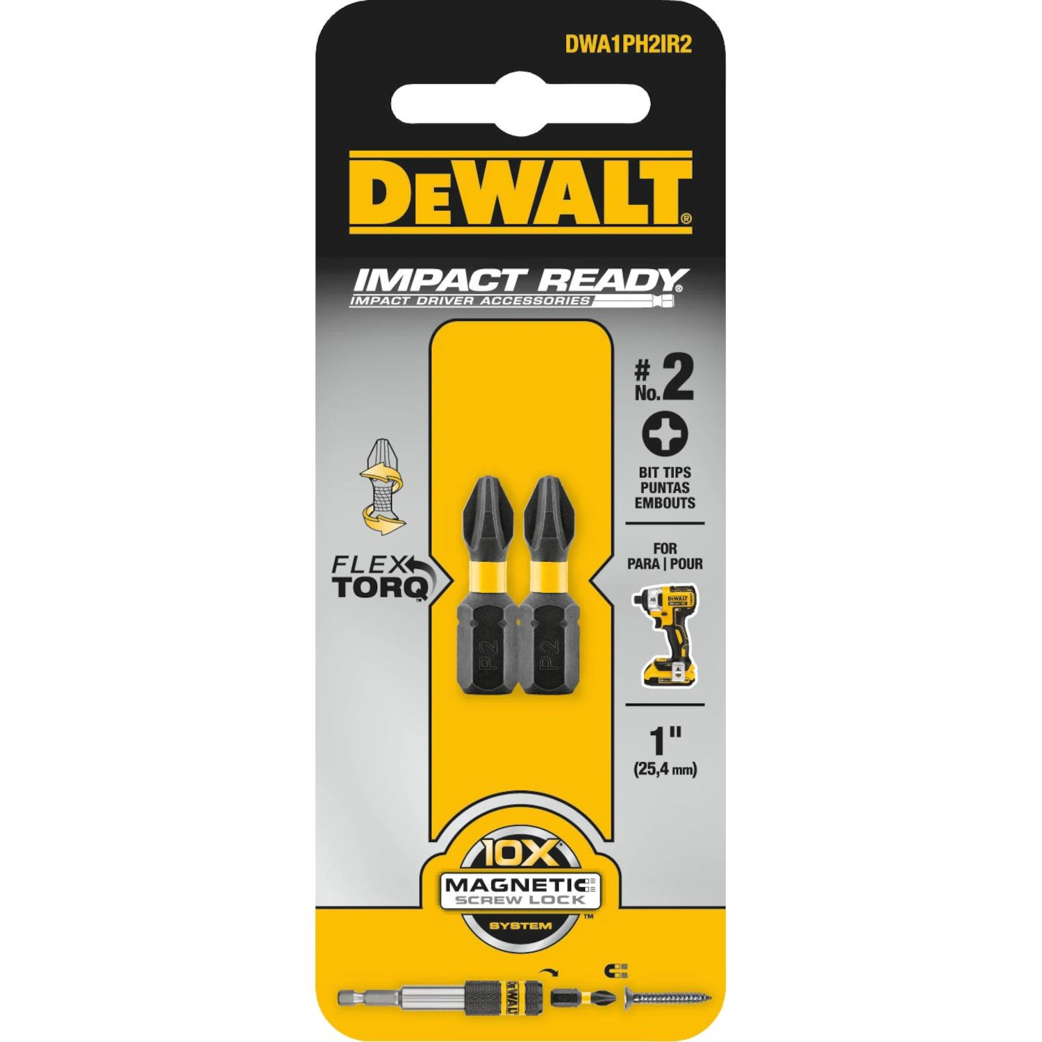 Power Screwdriver Bit, #2 Phillips, 1 In., 2-Pk.