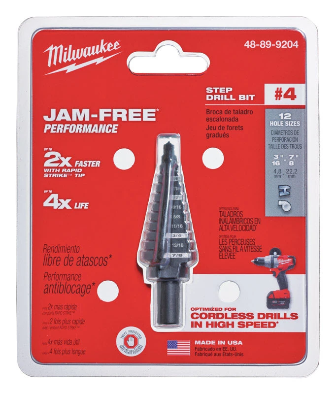 3/16 In. - 7/8 In. #4 Step Drill Bit, 12 Steps, 3-flat Shank