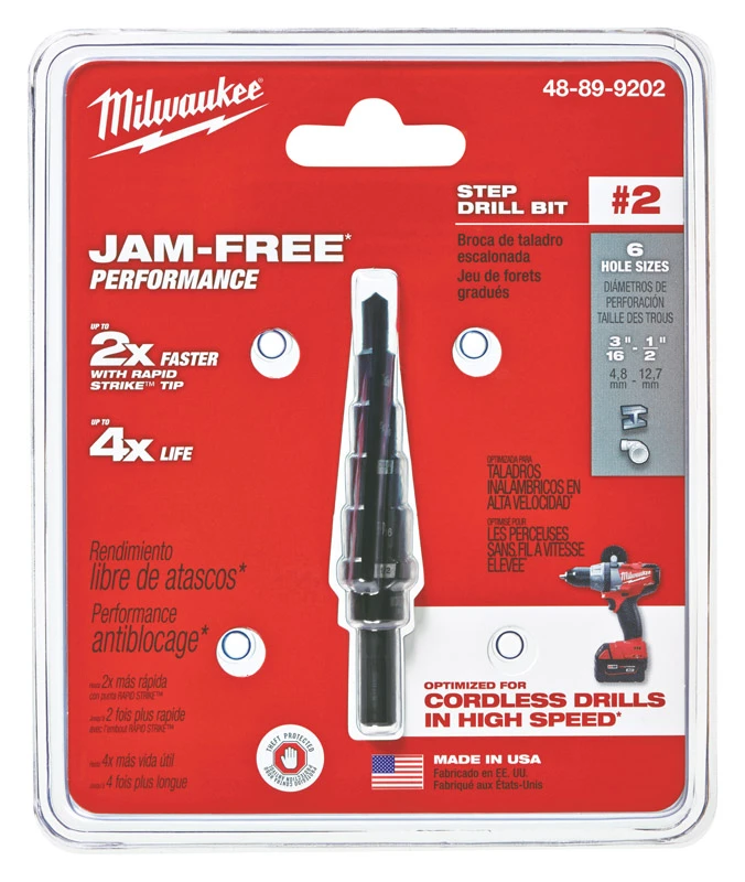 3/16 In. - 1/2 In. #2 Step Drill Bit, 6 Steps, 1/4 In. Shank