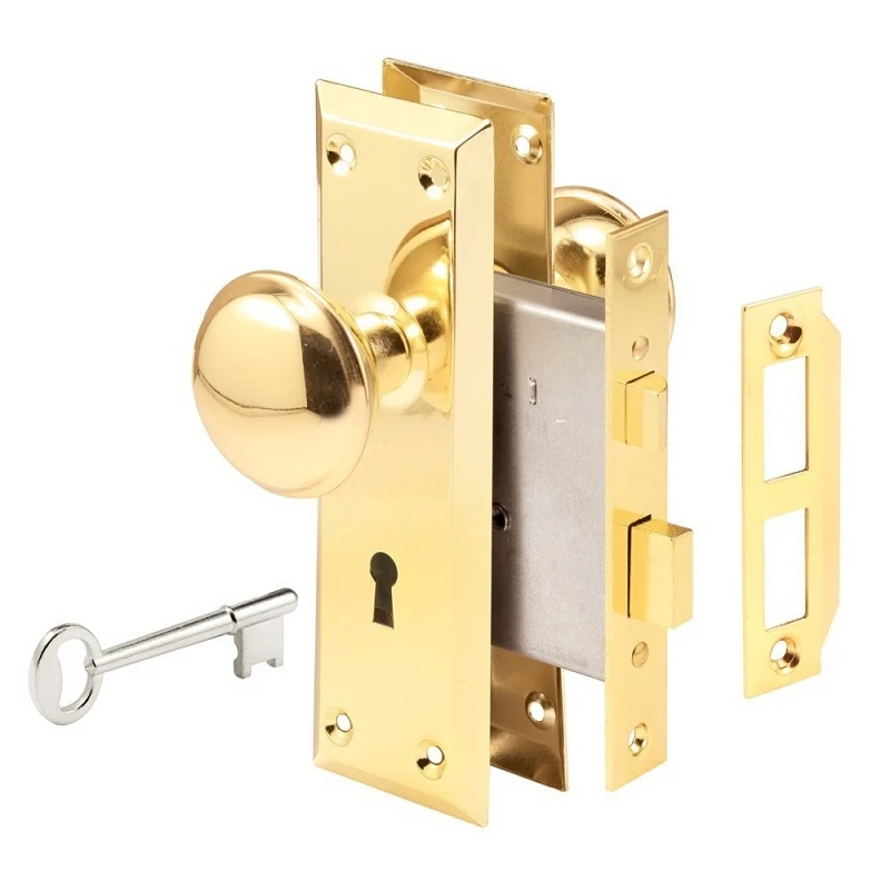 E 2293 Bit Key Mortise Lockset With Brass Knobs And Trim Plates