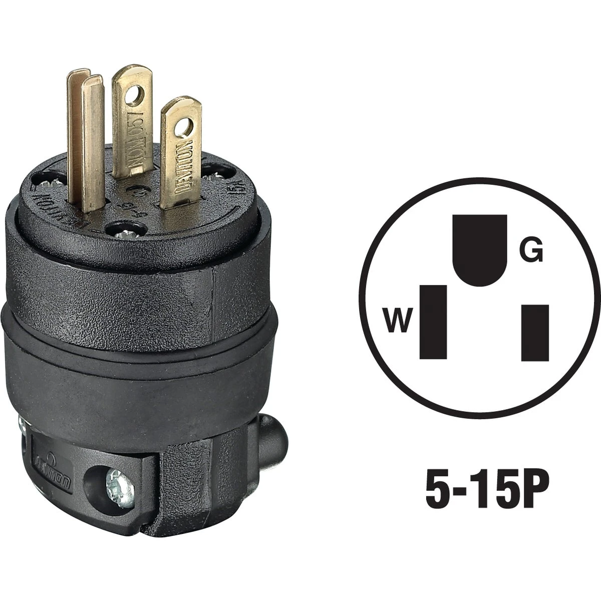 15a 125v 3-wire 2-pole Rubber Grounding Cord Plug - Model 000-515pr