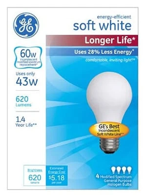 GE Lighting 70286 Energy-Efficient Soft White Long Life 43-watt (60-watt Replacement), 620-Lumen A19 Light Bulb with Medium Base, 4-pack