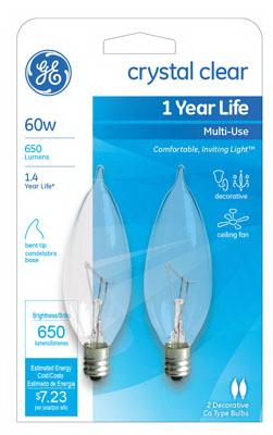 G E LIGHTING 66107 Bent 60W Tip Light Bulb, 60W, Clear, 2-Pack