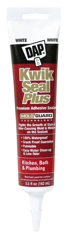Kwik Seal Plus Kitchen and Bathroom Microban Antimicrobial Caulk, White, 5.5 Ounce Tube