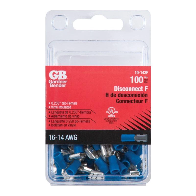 Female Disconnect, Push On, Insulated, 16-14 AWG, 100-Pk.