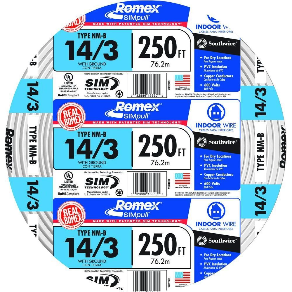 250 Ft. 14/3 Solid White Nm-b Electrical Wire With Ground