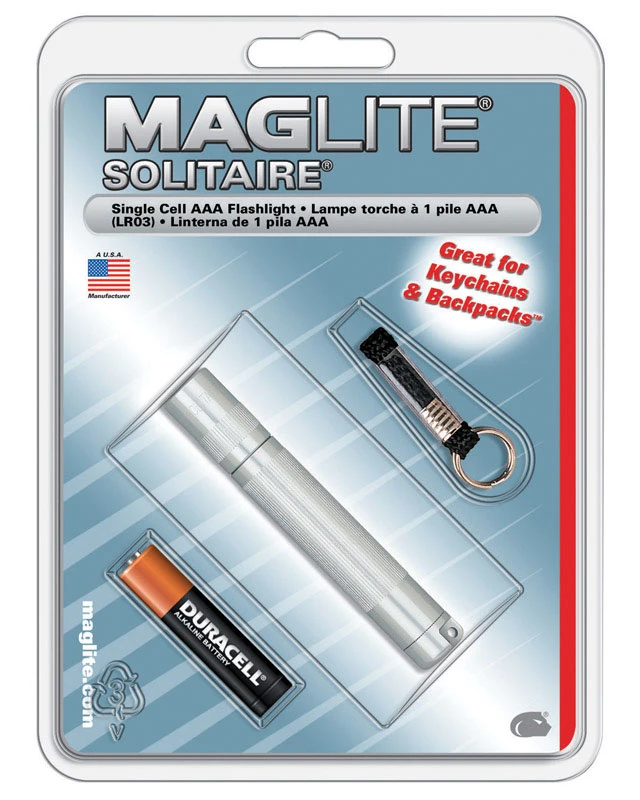 Solitaire Silver Incandescent Flashlight With Key Ring And Aaa Battery