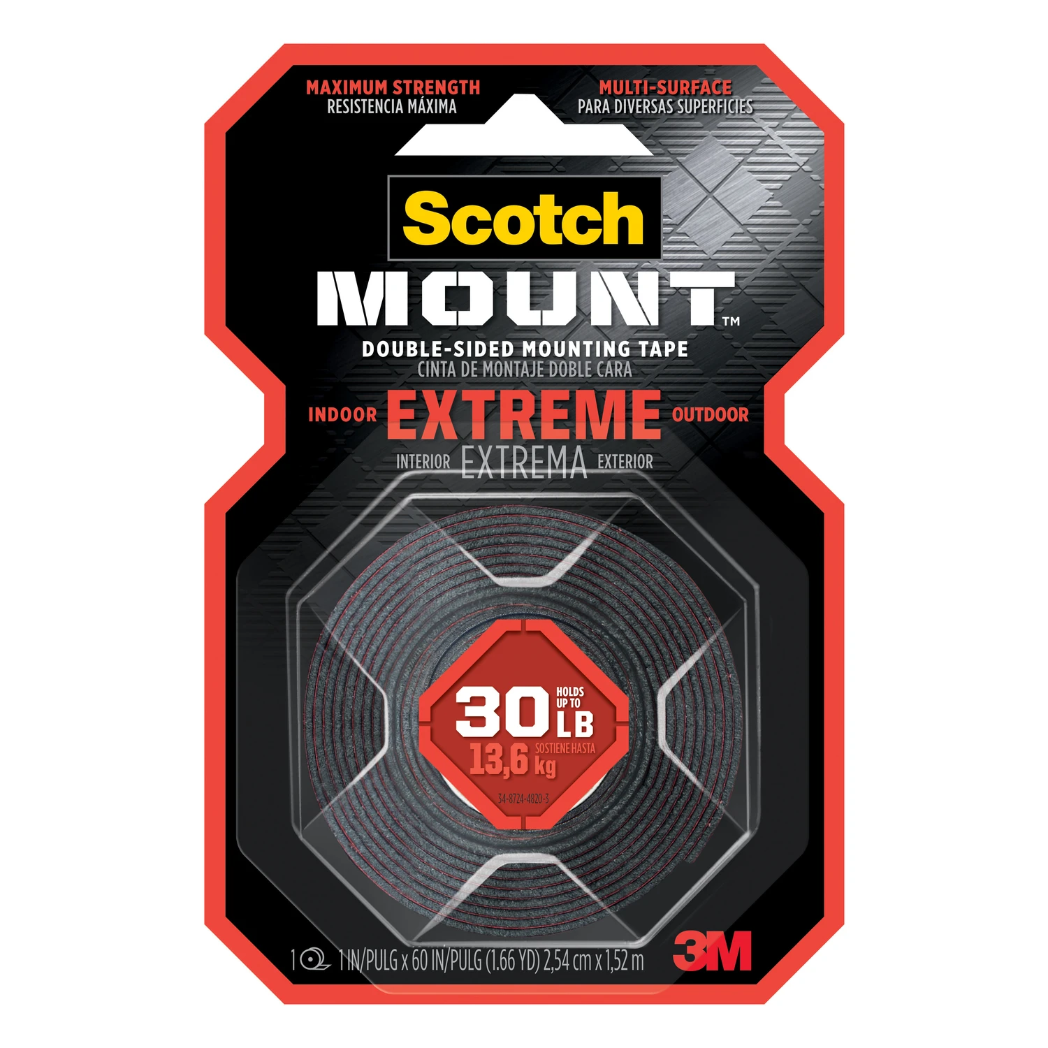 Extreme Double-sided Mounting Tape, 1 In W X 60 In L, Black