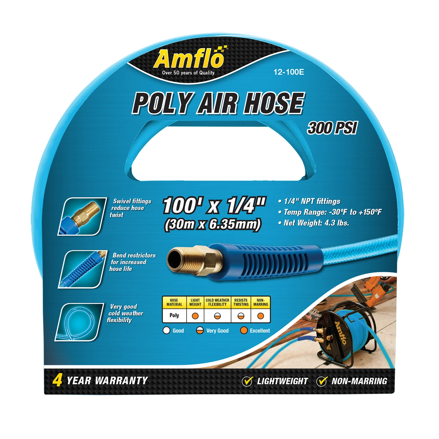 1/4 In. X 100 Ft. Polyurethane Air Hose, 300 Psi, Blue