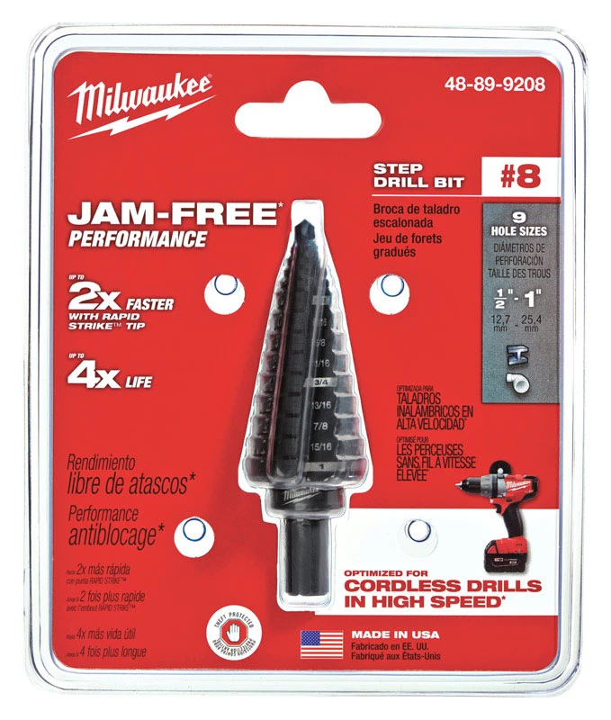 1/2 In. - 1 In. #8 Step Drill Bit, 9 Steps, 3/8 In. Shank