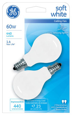 Ceiling Fan Light Bulbs, White, Candelabra-Base, 60-Watts, 2-Pk.